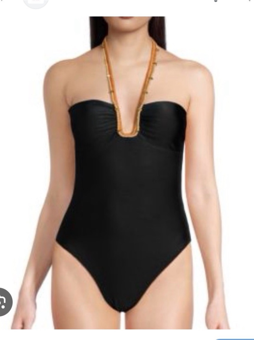 Strapless Black One-Piece Swimsuit with Gold Trim